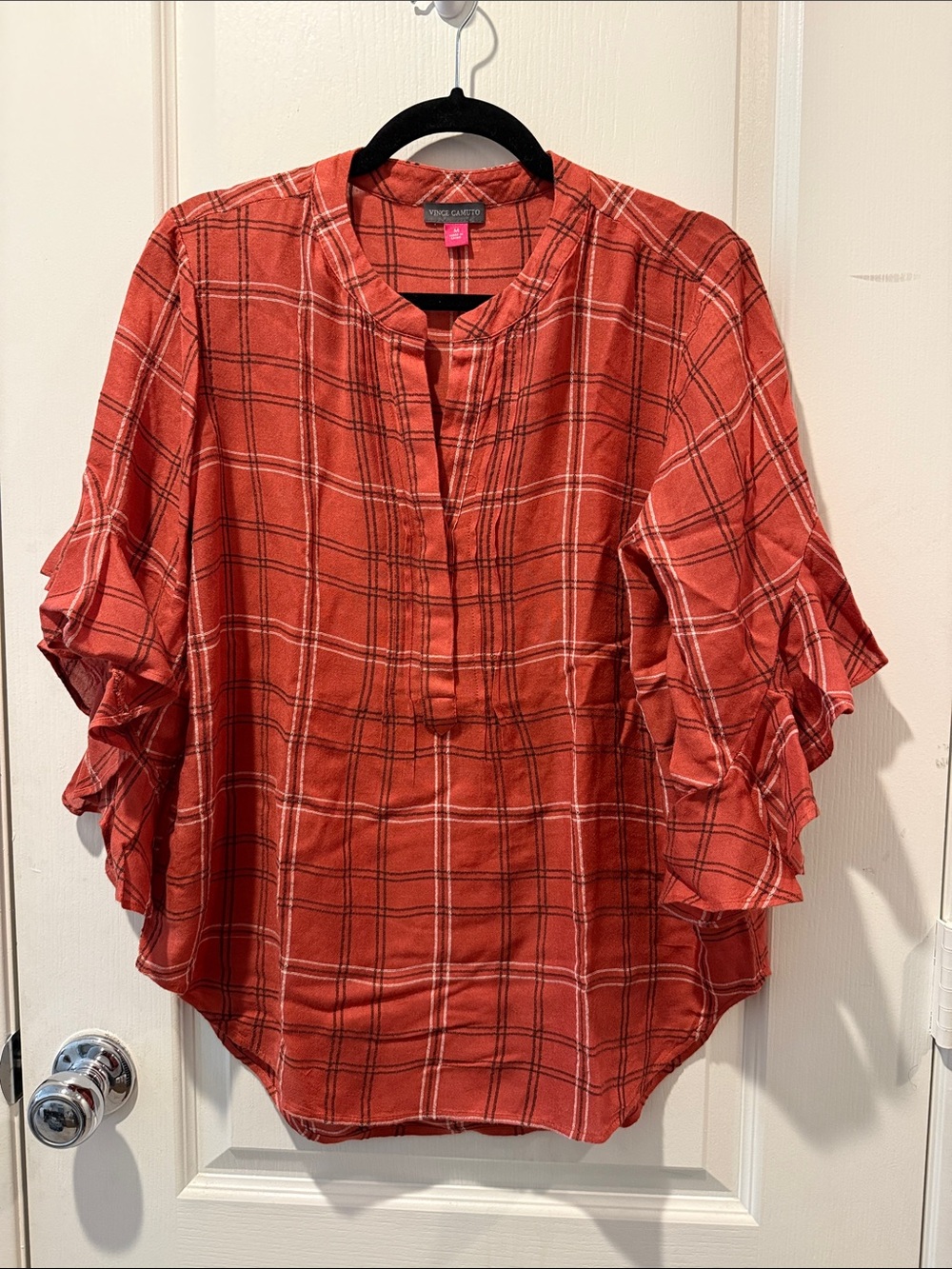 EUC Vince Camuto Rust Red Plaid Ruffle Sleeve Blouse